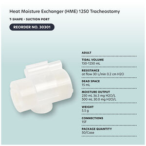 Heat Moisture Exchanger (HME) 1250 Tracheostomy, T-Shape, Suction Port, Adult